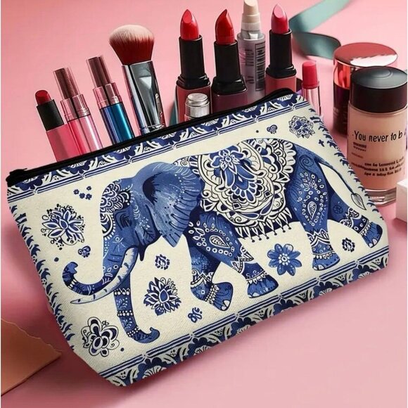 Elephant Print Canvas Makeup Bag, Travel - Picture 2 of 4